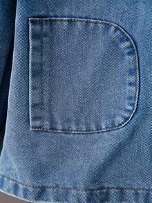 女童浅蓝色水洗休闲宽松牛仔外套，带口袋和蝴蝶结设计，可爱百搭，适合日常穿着，简约时尚。 - 中等水洗藍 - 查看 3