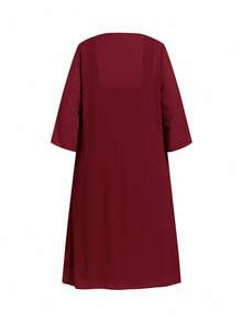 Ellevyn Plus Size Women Spring/Autumn Elegant Solid Color Rhinestone Decor Draped Front Waist Cinched Dress And Lightweight Jacket Set - Burgundy - View 8