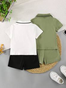 SHEIN 2-5 件套全新婴儿幼儿夏季 Polo 衫短袖时尚婴儿服装套装，2 套服装 4 件套组合 - 彩色 - 查看 2