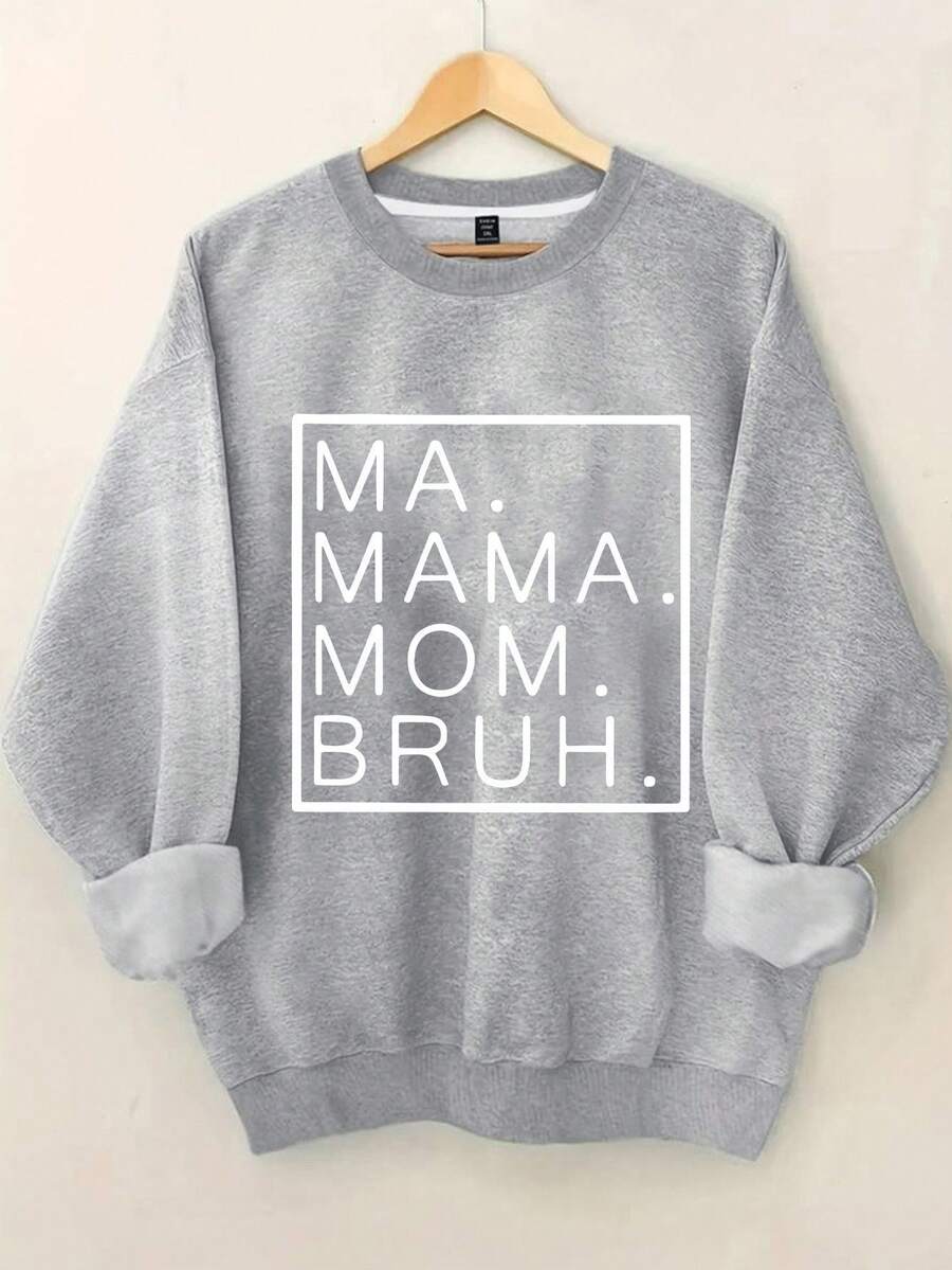 EMERY ROSE Plus Size Women's MAMA Letter Pattern Round Neck Long Sleeve Sweatshirt Fall Cloth For Women Winter Autumn - Light Grey - View 1