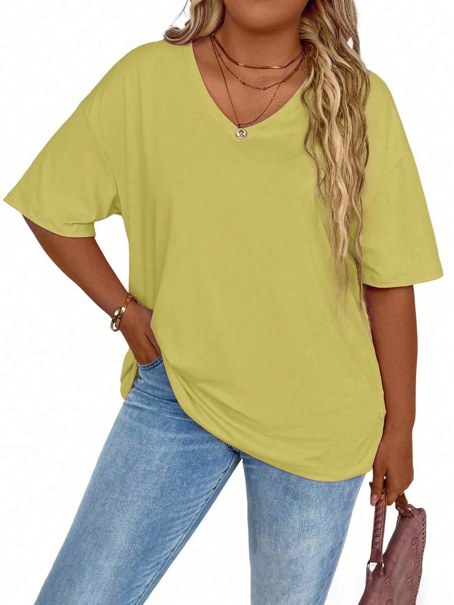 EMERY ROSE Plus Size Women V-Neck Dropped Shoulder Casual Loose Solid Color T-Shirt - Mustard Yellow - View 1
