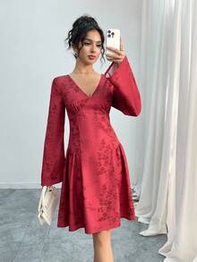 Modelyn Women's Burgundy Sexy Deep V-Neck Long Sleeve Bodycon Midi Party Dress Fall Cloth For Women - Burgundy - View 4