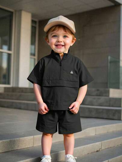 SHEIN 2pcs/Set Baby Boy Casual Korean Style Black Collared Tee And Elastic Waist Shorts Set, Summer Toddler Boy Black Outfit Black Shirt Baby Boys Toddler Boy Black Short Set Baby Boy Summer Outfit