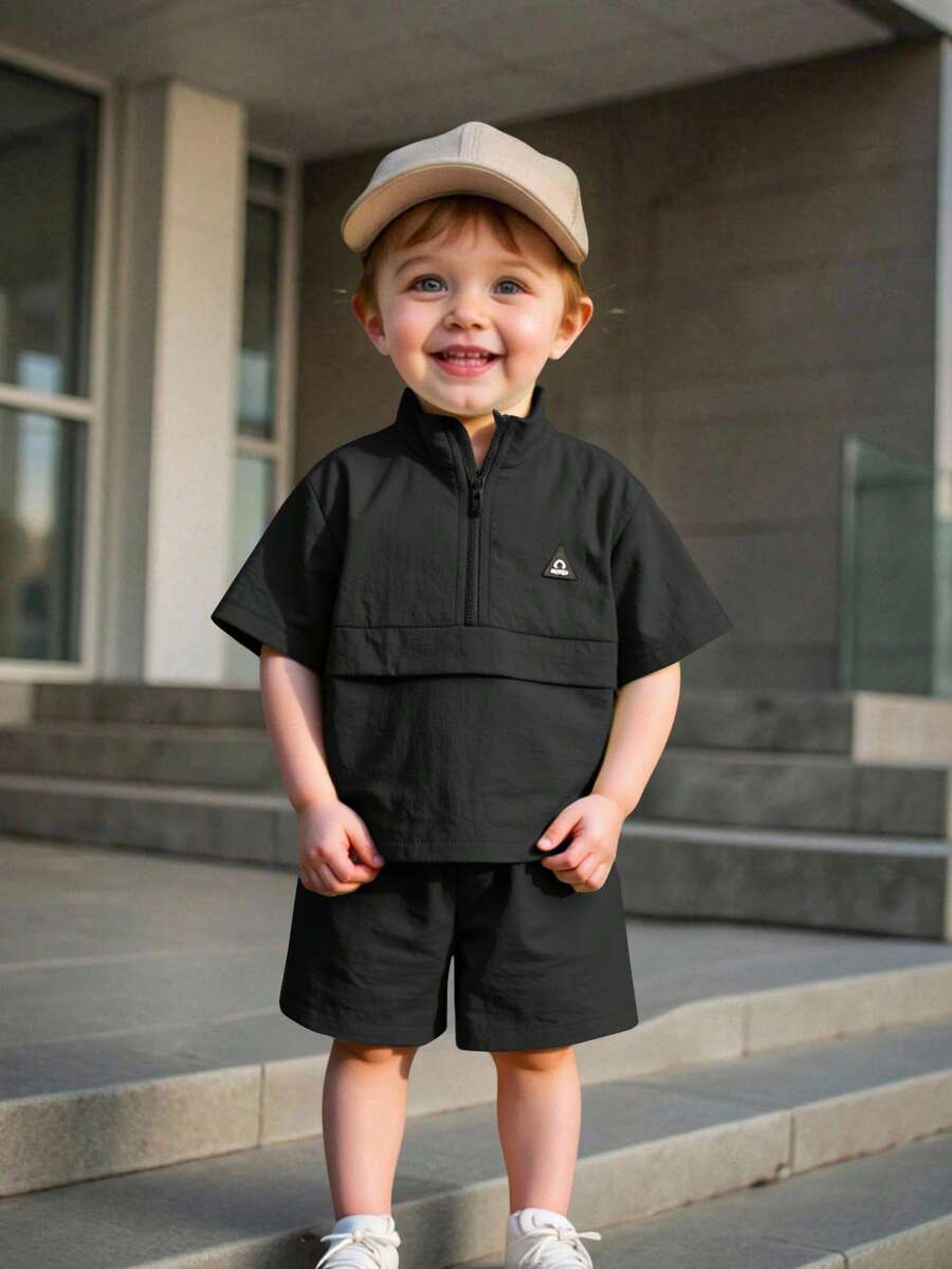 TaviRue 2pcs/Set Baby Boy Casual Korean Style Black Collared Tee And Elastic Waist Shorts Set, Summer Baby Boy Black Outfit Black Shirt Baby Boys Baby Boy Black Short Set Baby Boy Summer Outfit