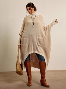 Freevana Plus Size Casual Solid Color Turtleneck Batwing Sleeve Long Sweater Long Sweaters For Women Women Fall Clothes Oversized Sweaters For Women Boho Sweaters For Women Batwing Sweaters For Women