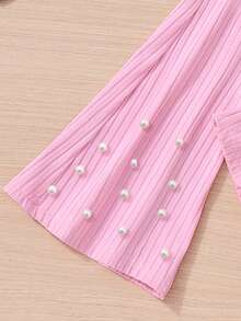 2pcs Young Girl' Plain Ribbed Crew Neck Pearl Short Sleeve Top And Flared Pants Set, Casual Summer Outfit Summer Holiday