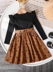 Emery Rose Kids Emery Rose Kids Young Girl Solid Color Round Neck Ruffle Hem Patchwork Heart Pattern Casual Dress Girl Dress Girls Autumn Dress Toddler Girl Dress Long Sleeve Girls Dress Heart Print Dress Girls Long Sleeve Dress Fall Winter