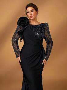 Serin Đầm dạ hội cỡ lớn sang trọng, thanh lịch, thêu ren đính sequin, phối ren, chun co giãn, xếp ly hoa 3D, dáng đuôi cá, thích hợp cho đám cưới, tiệc tùng, dạ hội, kỳ nghỉ, tiệc chiêu đãi, mẹ cô dâu, ngày Valentine. - màu đen - Xem 3