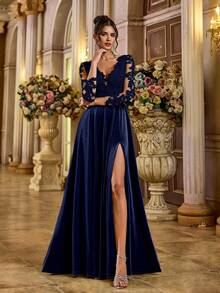 Aureia Đầm dạ hội trang trọng, thanh lịch, màu tối, phối ren, cổ chữ V, tay dài, chất liệu xuyên thấu, đính kết họa tiết tương phản, dáng chữ A, xẻ tà cao, thích hợp cho ngày Valentine. - Màu xanh hải quân - Xem 4