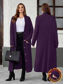 EMERY ROSE Plus Size Women's Autumn Cable Pattern Long Sleeve Single-Breasted Dual Pocket Long Knitted Cardigan, Casual Minimalist Style For Everyday Wear,Going Out, Suitable For Autumn And Winter Fall - Purple - View 2