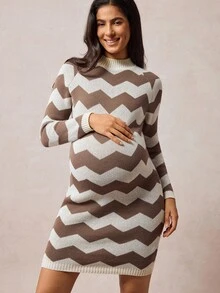 Boho Mama 孕妇秋冬时尚撞色条纹针织连衣裙 - 彩色 - 查看 6