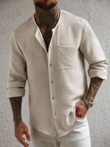 Manfinity CasualCool 男士长袖褶皱面料休闲衬衫，带口袋，百搭纽扣衬衫，送给男朋友或丈夫的最佳礼物 - 杏色 - 查看 7