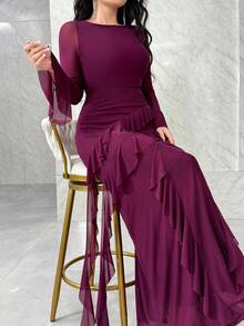 Modelyn Đầm suông cổ tròn tay loe xếp tầng viền bèo nhún thanh lịch cho nữ - Bold Plum - Xem 6