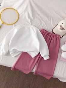 Genkimix Kids 2pcs/Set Baju Sweatshirt Lengan Raglan Putih Motif Huruf untuk Anak Perempuan, Celana Jogging Longgar Warna Pink, Pakaian Kasual untuk Kembali ke Sekolah, Musim Gugur, Musim Semi, dan Musim Dingin - MultiWarna - View 2