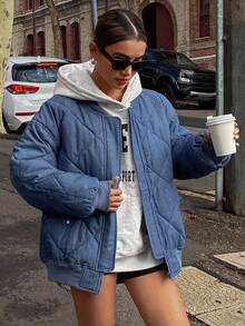 DAZY Quilted Diamond Pattern Patchwork Ribbed Loose Fit Women Padded Coat Winter Jacket - Navy Blue - View 7