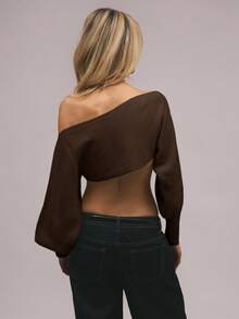 MUSERA 泡泡袖针织露肩毛衣上衣，优雅春假可爱性感90年代夏季甜美缪斯风，Y2K上衣伊比沙岛假日节冬季日常晚装优雅 - 棕色 - 查看 3