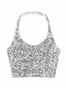 Y2Kool 女士闪亮银色亮片吊带背心修身款，适合秋冬季、万圣节、返校季、派对等场合，Y2K风格闪亮上衣，亮片露脐上衣，银色亮片上衣，休闲银色露脐上衣，闪亮上衣，亮片上衣，时尚服装系列，新年穿搭，辣妹风 - 銀色 - 查看 3