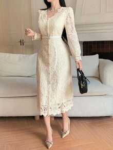 DAZY French Lace Long Sleeve Dress, New Slim Fit Elegant Elegant Casual Dress - Apricot - View 2