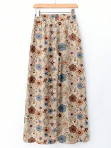 Rusticease 女士休闲宽松碎花松紧腰阔腿裤，杏色，适合秋冬 - 彩色 - 查看 2