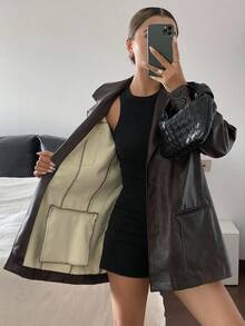 Livesso Women's Casual Solid Color PU Loose Blazer Jacket, Autumn