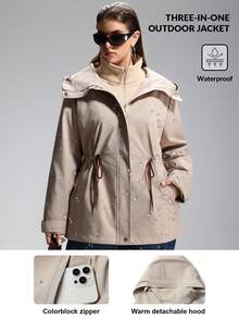 LYSMO 大码三合一户外防风外套，带可拆卸保暖内衬，收腰设计，休闲风格女式防水夹克，女士三合一外套，功能性休闲夹克，秋冬季 - 米色 - 查看 8