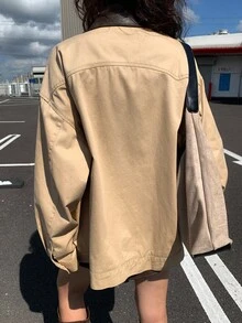 Livesso 女式宽松撞色翻领夹克，秋季 - 卡其色 - 查看 2