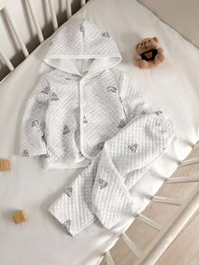 2 件套幼儿男童休闲连帽开衫，带卡通熊印花和裤子套装，舒适服装男婴连帽衫套装婴儿休闲套装男婴服装套装婴儿绗缝套装婴儿熊印花套装 - 灰色 - 查看 2