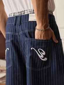 SWAVVY Pantalones capri casuales anchos de pierna suelta con bolsillo a rayas para hombres - Azul - Ver 4