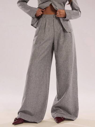 SHEIN BAE Autumn/Winter Women's Minimalist Elegant Commuter Casual Straight-Leg Suit Pants Loose-Fit Pants Gray Loose-Fit Pants High-Waisted Loose-Fit Pants Pleated Loose-Fit Pants Women's Suit Pants, A Must-Have Item For Autumn/Winter,Fall