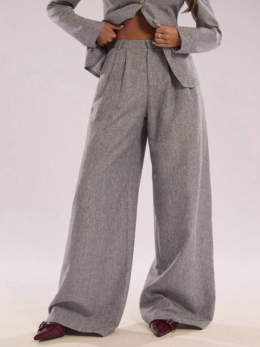 SHEIN BAE Autumn/Winter Women's Minimalist Elegant Commuter Casual Straight-Leg Suit Pants Loose-Fit Pants Gray Loose-Fit Pants High-Waisted Loose-Fit Pants Pleated Loose-Fit Pants Women's Suit Pants, A Must-Have Item For Autumn/Winter,Fall - Grey - View 1