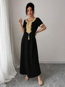 Rafferiza Women Elegant Commuter Golden Lace Trim Extra Long Dress Summer Dress Clothes For University - Black - View 5