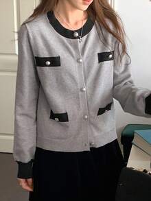 DAZY Patchwork Colorblock Crew Neck Long Sleeve Elegant Vintage Knit Cardigan For Women, Autumn/Winter - Grey - View 4