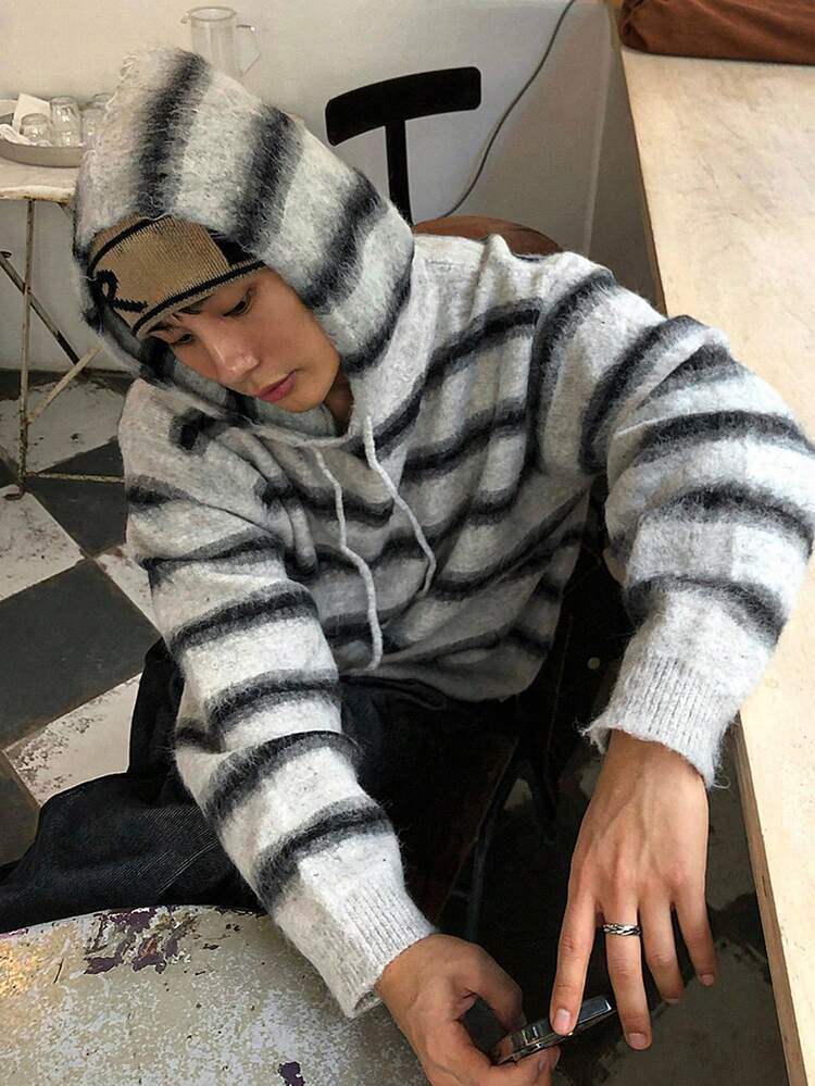 Men's Striped Hoodie Sweater, Multi-Color, Autumn, For Fall