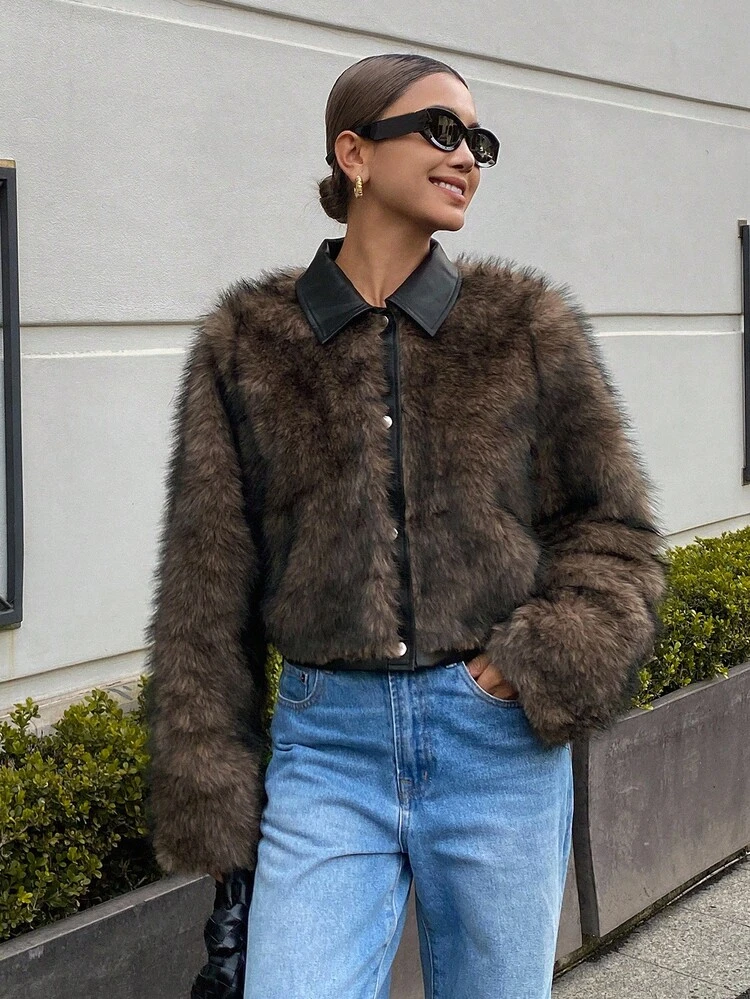 Women's Casual Loose Fit Elegant Minimalist Short Faux Fur Coat, Color Block Design, Suitable For Autumn & Winter Jacket