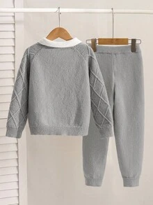 SHEIN 2 件套年轻男孩休闲学院风舒适时尚简约实用百搭柔软舒适宽松 Polo 衫套装适合生日派对、聚会、表演适合儿童服装年轻男孩衣服学校返校男孩套装日常适合上学适合旅行适合运动适合秋冬季