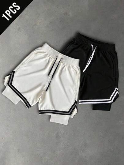 Manfinity Sport Corelite 1 件男士休闲撞色条纹带饰抽绳腰部二合一运动短裤