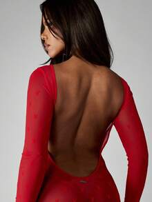 Missguided x Playboy Christmas Party Mini Dress Sheer Long Sleeve Bodycon Dress Holiday Clubwear Transparent Mesh Dress Backless Evening Night Out Allover Print Red Dress - Cherry Red - View 6