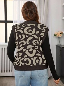 SHEIN Frenchy Plus Size Casual Leopard Print Knitted Vest Cardigan Sleeveless Cardigan Sweater Vest For Women Women Vest Vests For Women In Fall/Winter