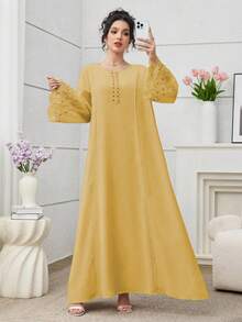 Yasmyna 优雅奢华精工拼接女士宽松时尚年轻奢华连衣裙 - 薑色 - 查看 7