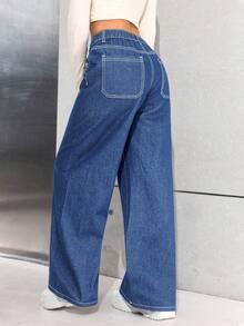 SHEIN 少女宽松阔腿深蓝色牛仔裤