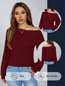 SHEIN PETITE 斜肩坑条纹套头衫女式毛衣 - 酒紅色 - 查看 3