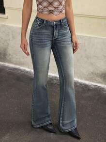 Jeanoix Women's Casual Low Waist Flare Jeans With Pockets