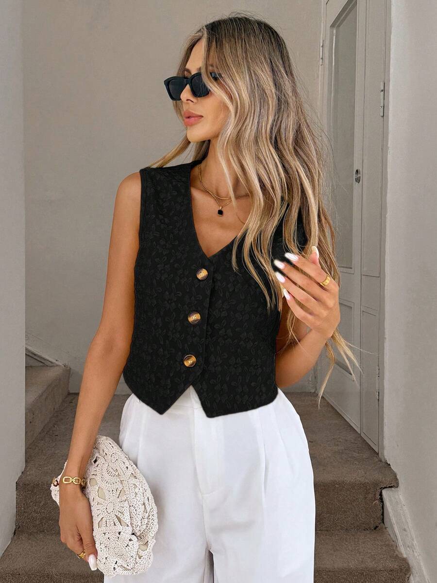 Easowa Áo ghi lê vải jacquard màu kem dành cho nữ - màu đen - Xem 1