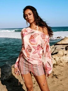 Opulessa Women's Vacation Chiffon Asymmetric Shoulder Long Sleeve Starfish Print Tops Vacation - Burgundy - View 4