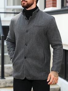 Manfinity Homme Men's Casual Stand Collar Dark Grey Overcoat, Fall/Winter - Dark Grey - View 4