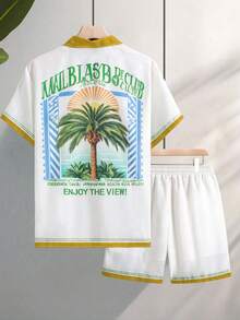 Manfinity Chillmode 2025 Men's Spring/Summer Map Print Pattern Fashion Short Sleeve Shirt Set - Yellow - View 4