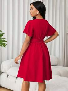 Lunelith SHEIN Lunessa Women's Solid Color A-Line V-Neck Short Sleeve Dress