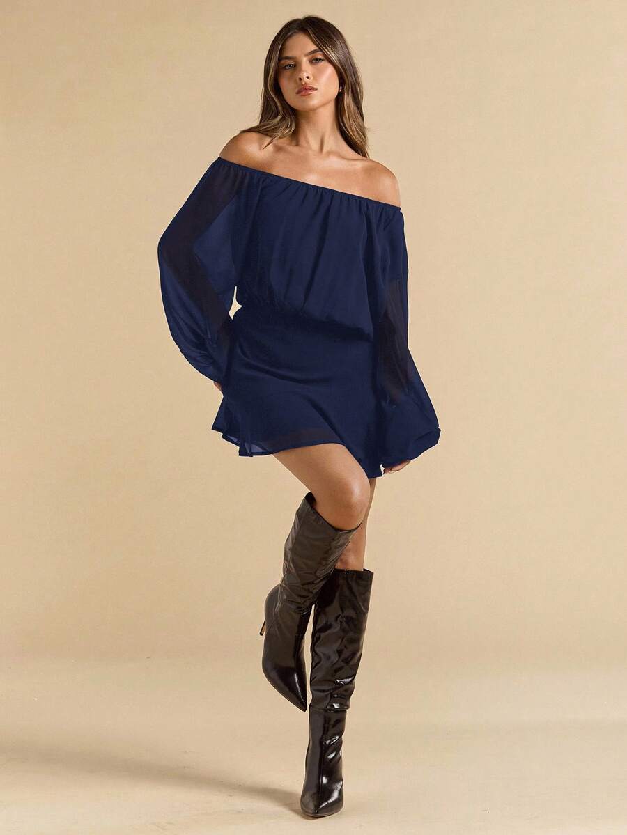 SHEIN BAE Black Chiffon Asymmetric Neck Loose Lantern Sleeve Short Mini Dress For Women, Vacation Chiffon Dress