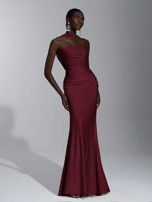 SHEIN Belle 优雅、浪漫、性感、简约、浅黄色针织弹力露肩露背紧身连衣裙，时尚、网红风格，适合节日、派对、婚礼、伴娘