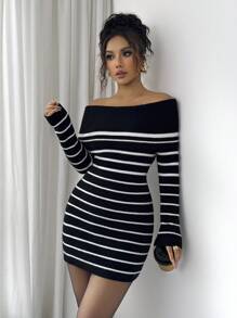SHEIN Clasi 1 件女士黑白条纹露肩修身毛衣裙 - 黑與白 - 查看 4